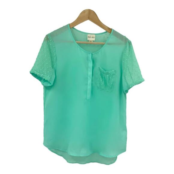 Reiss Ramona Mint Green Sheer Swiss Dot Short Sleeve Blouse Size 8 - Picture 1 of 5